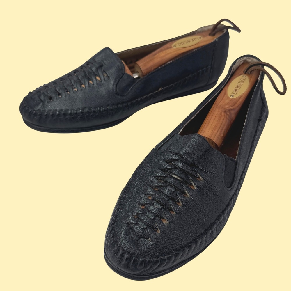 Valley Lane Loafers Women 11M Black Woven Leather Slip On Flats Classic Comfort